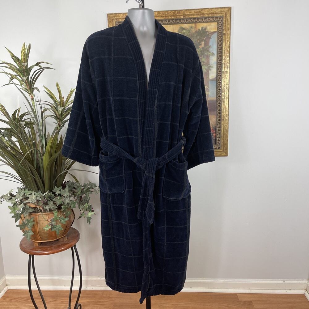 TJ Lawford Turkish Towel Robe Onesize Green Plaid 100% Cotton Made in Turkey GUC